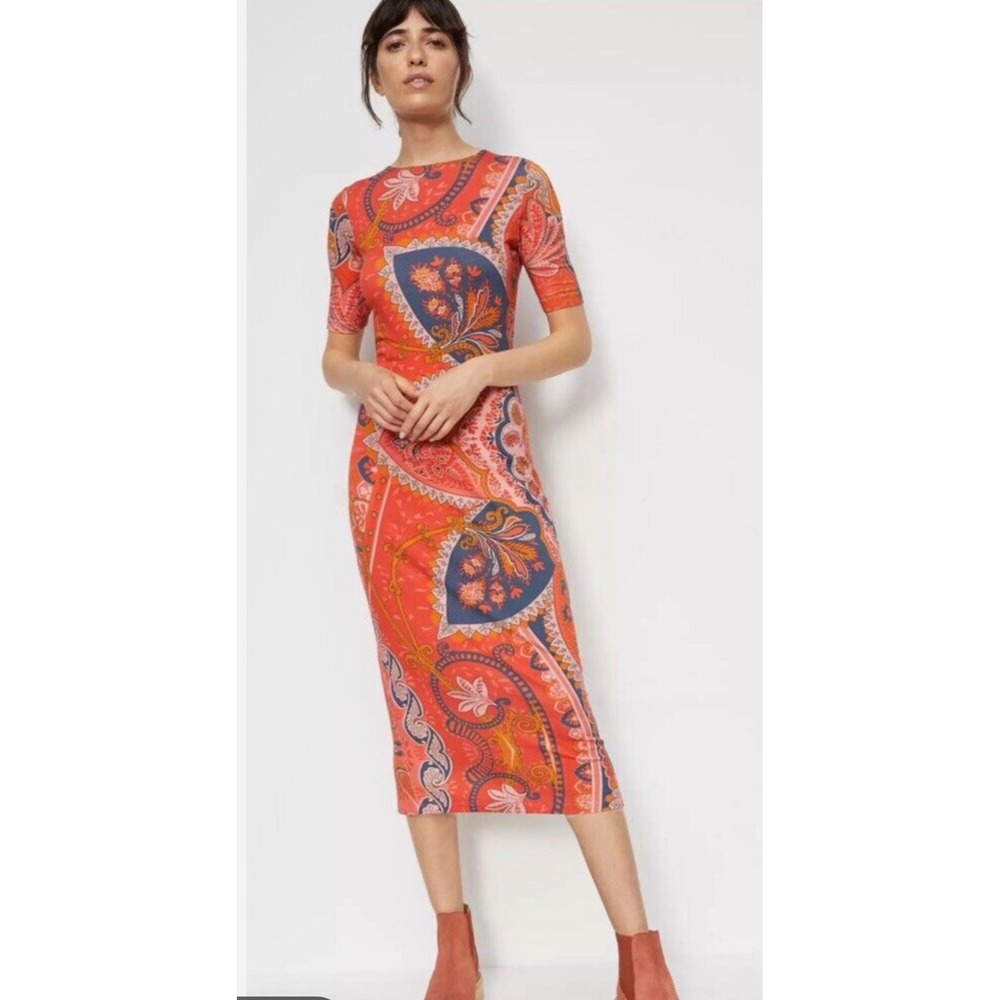 Farm Rio Anthropologie Giannina Knit Midi Dress Orange Paisley Floral Small